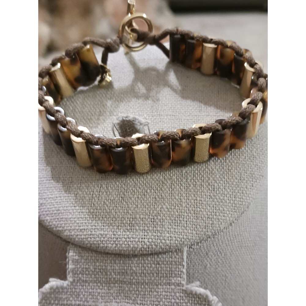 Michael Kors Tortoise Shell Gold Tone Bead Toggle Bracelet MK Logo Charm Brown